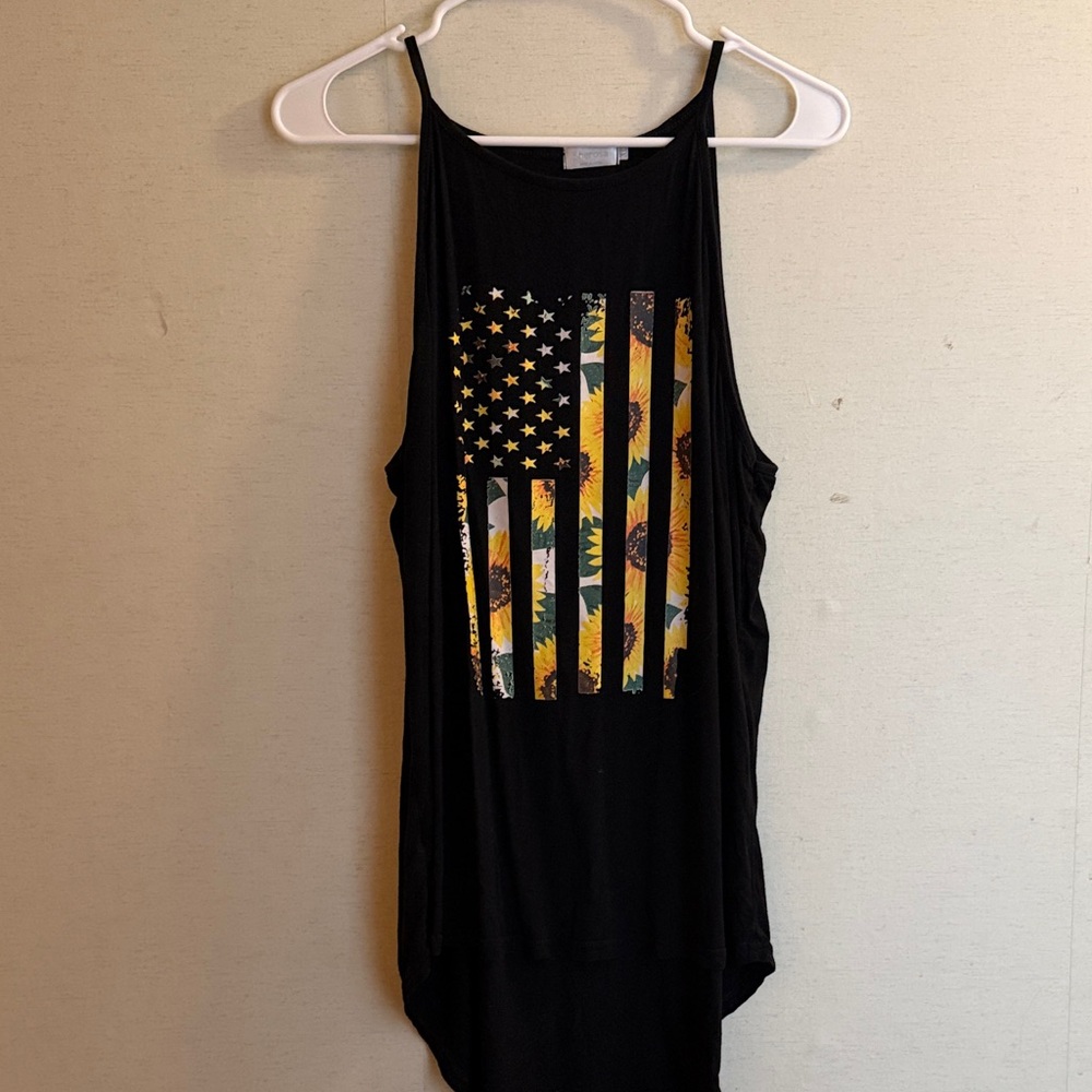 Black Tank Top with Flag and Floral Design